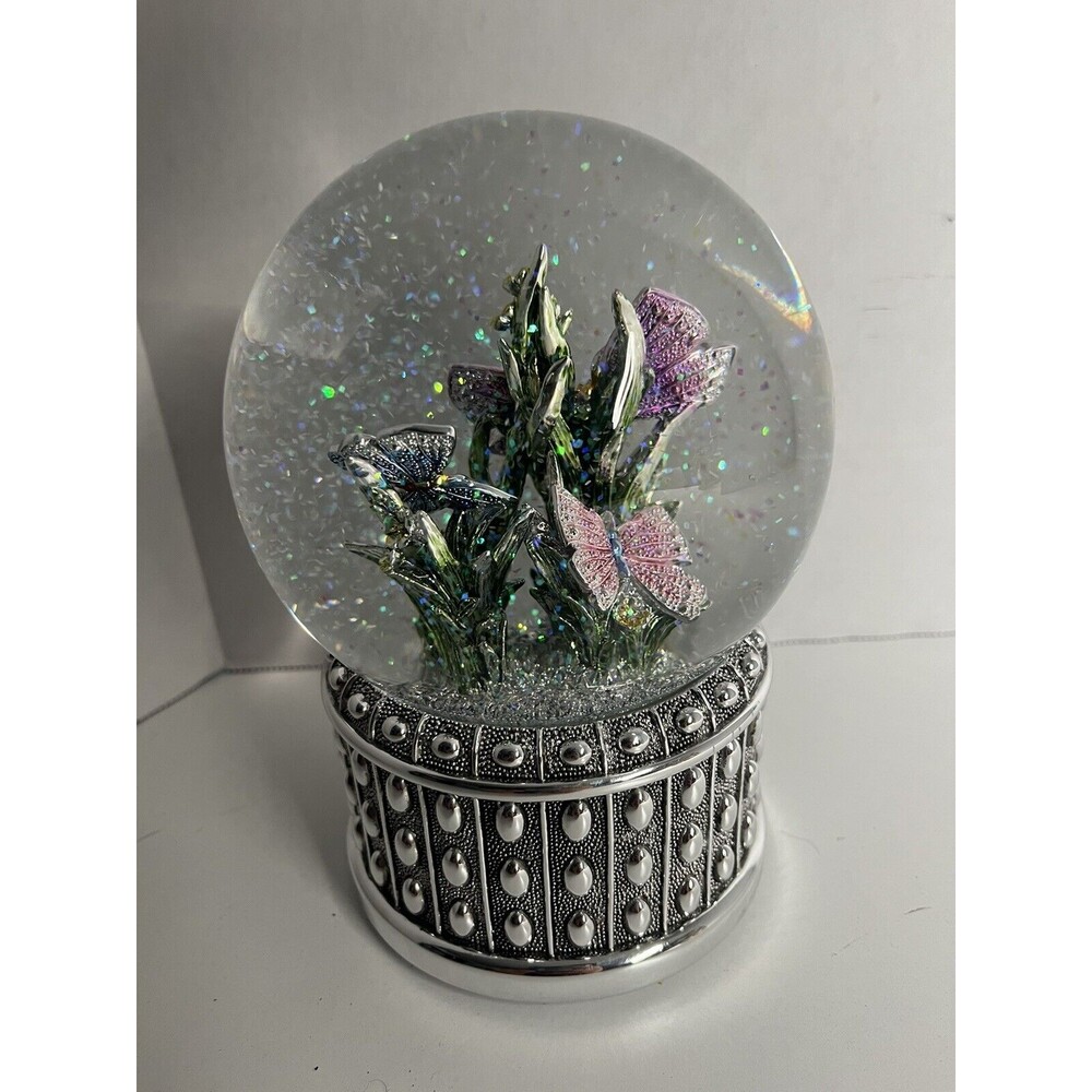 Butterflies & Flowers Musical Rotating Silver Glitter Globe The “Flower Song”